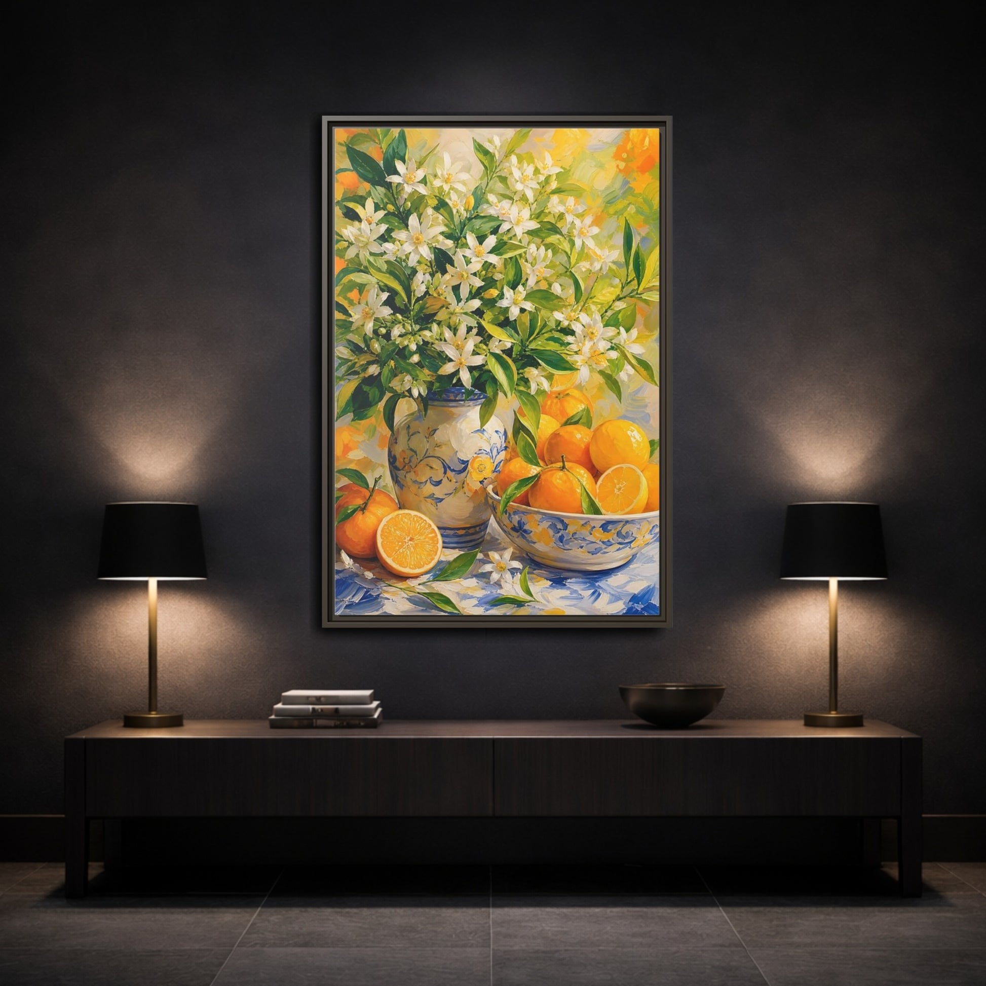 Mockup 3. Orange Blossom Still Life shown as framed canvas print