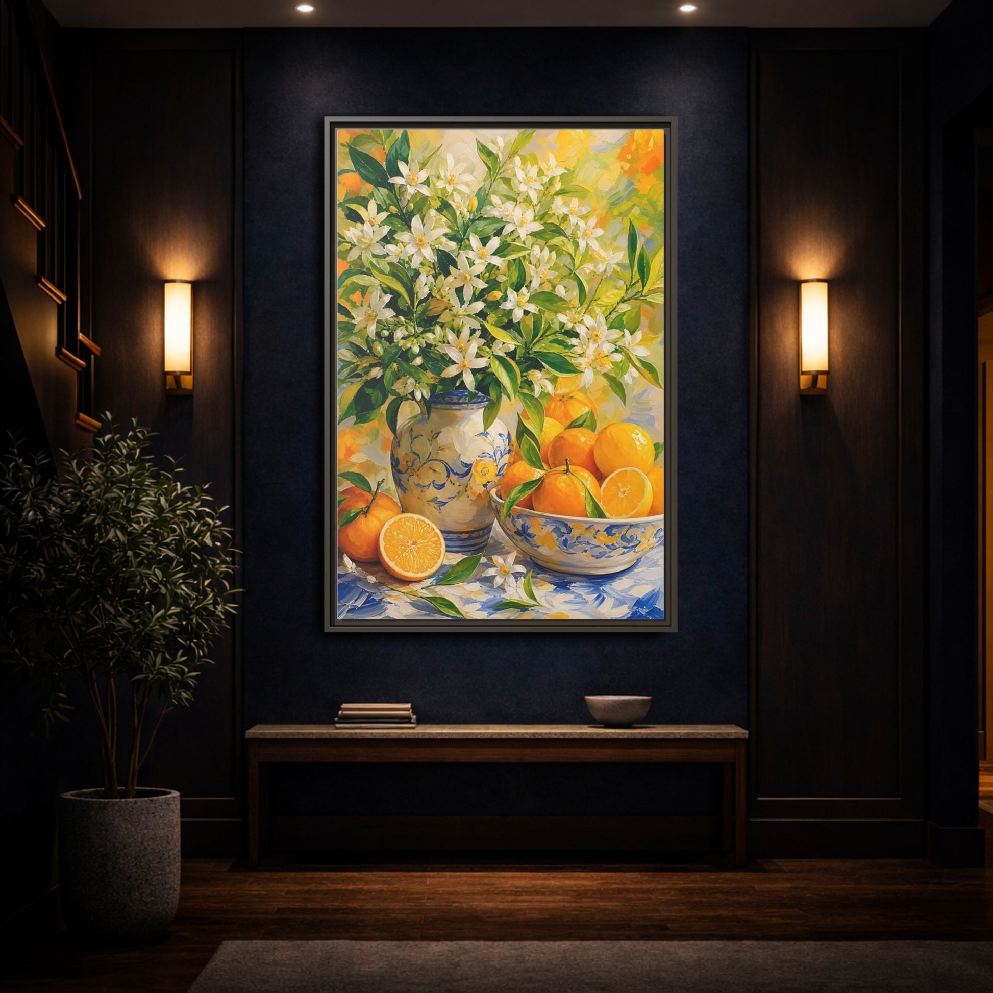 Mockup 4. Orange Blossom Still Life shown as framed canvas print