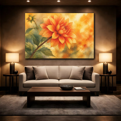 Mockup 2. Orange Dahlia Flower Study shown as canvas print