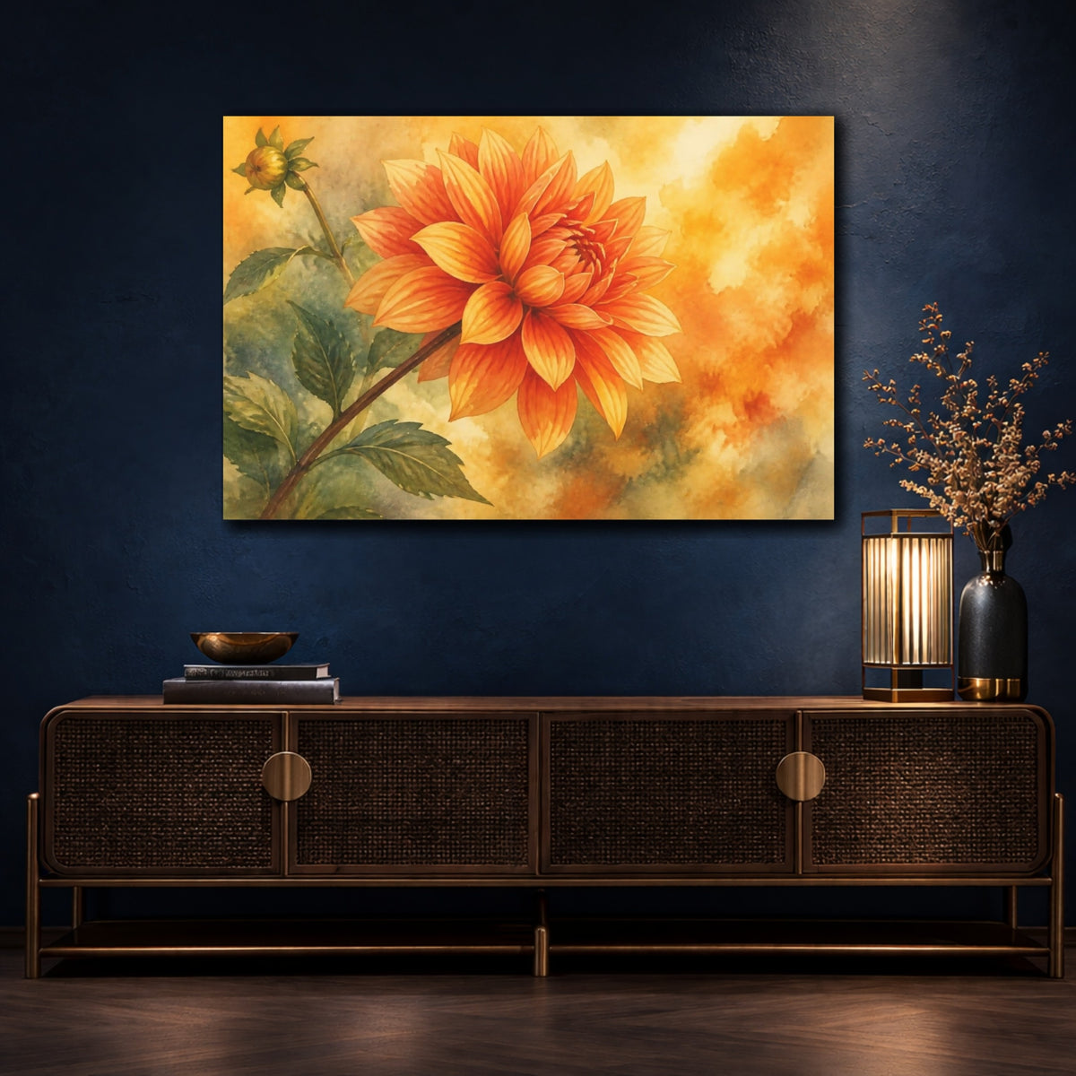 Mockup 4. Orange Dahlia Flower Study shown as canvas print