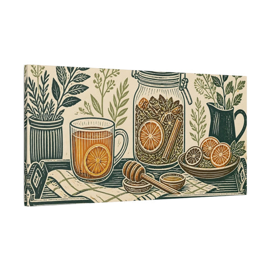 Main Mockup. Orange Herbal Kitchen Still Life shown as canvas print