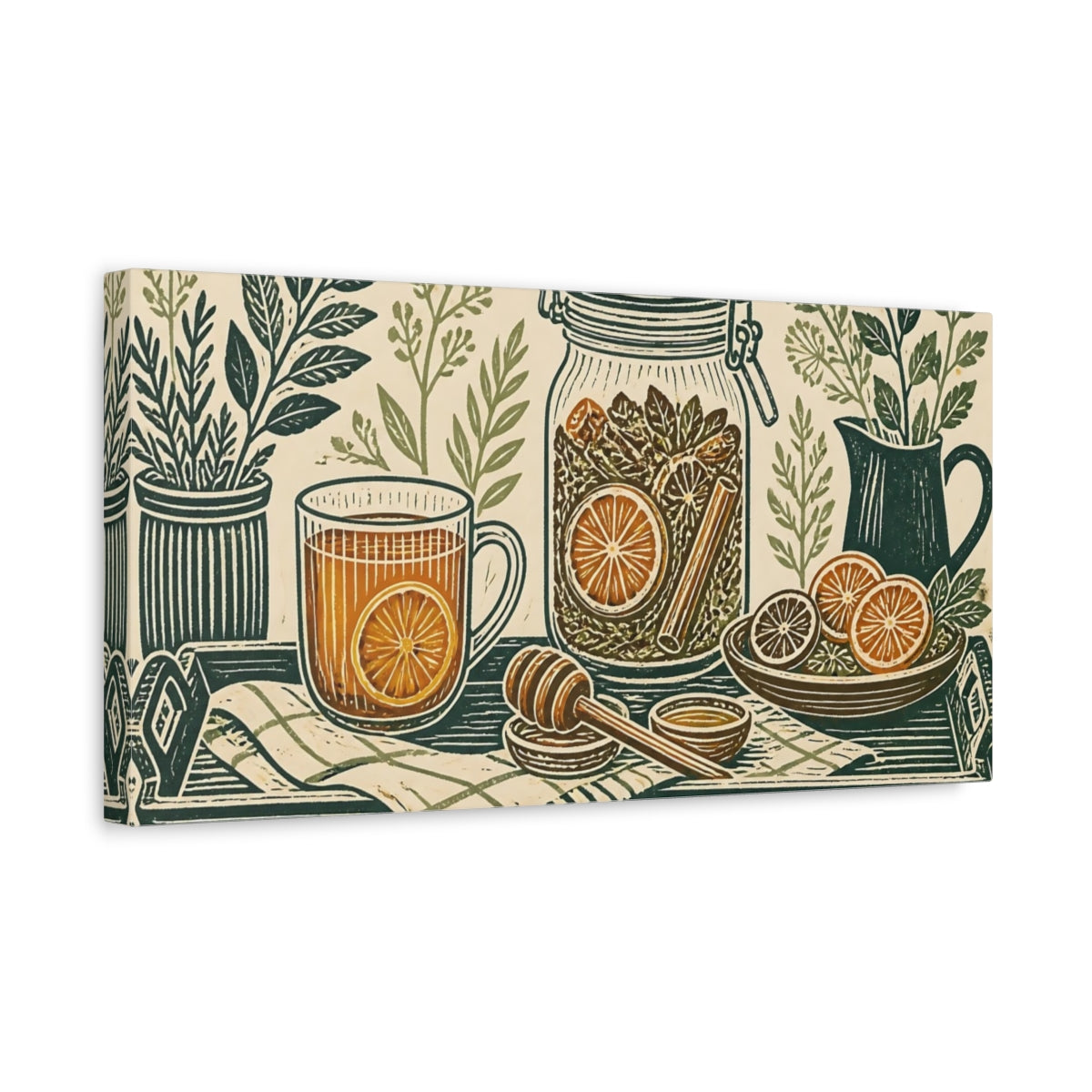 Side Mockup 3. Orange Herbal Kitchen Still Life shown as canvas print