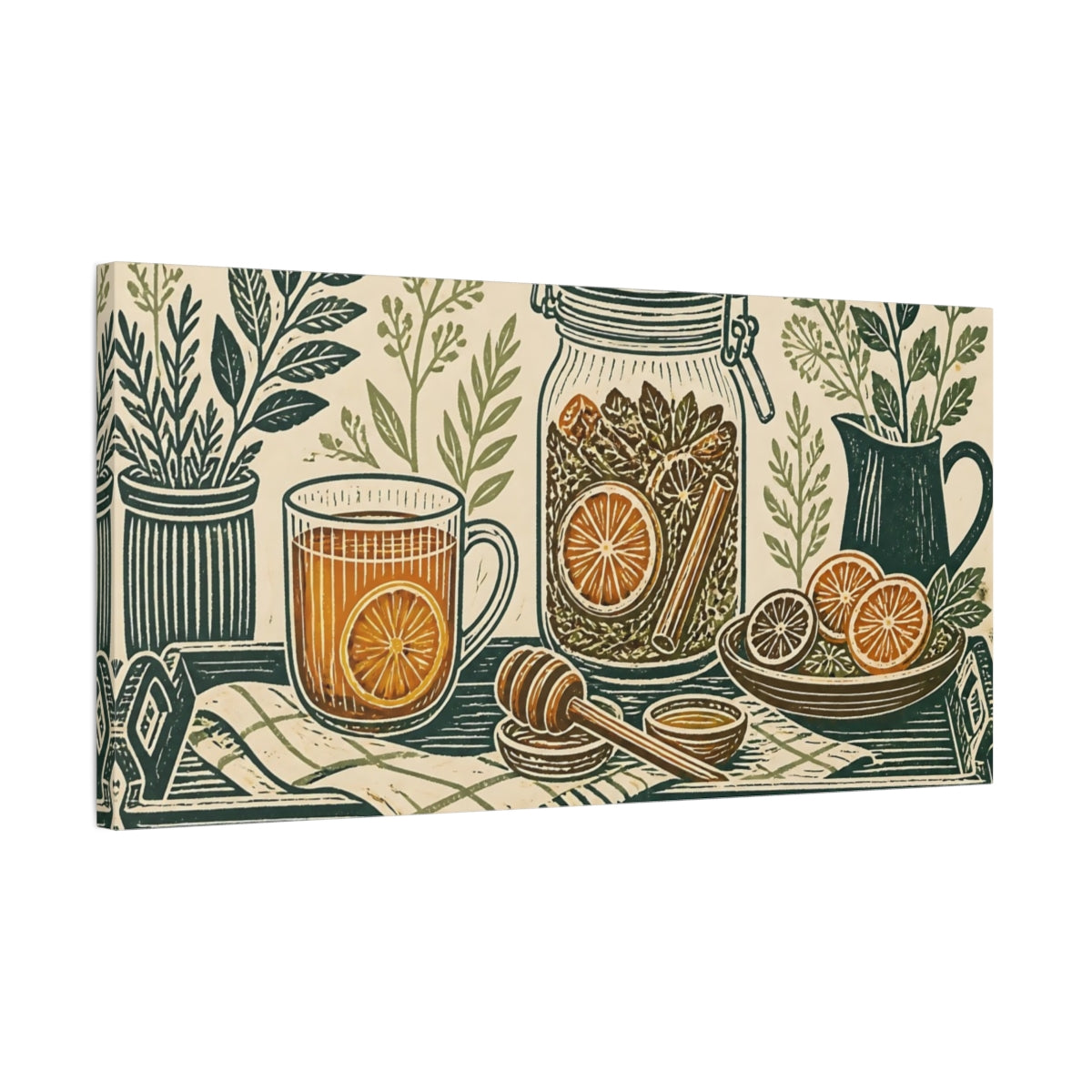 Side Mockup 1. Orange Herbal Kitchen Still Life shown as canvas print