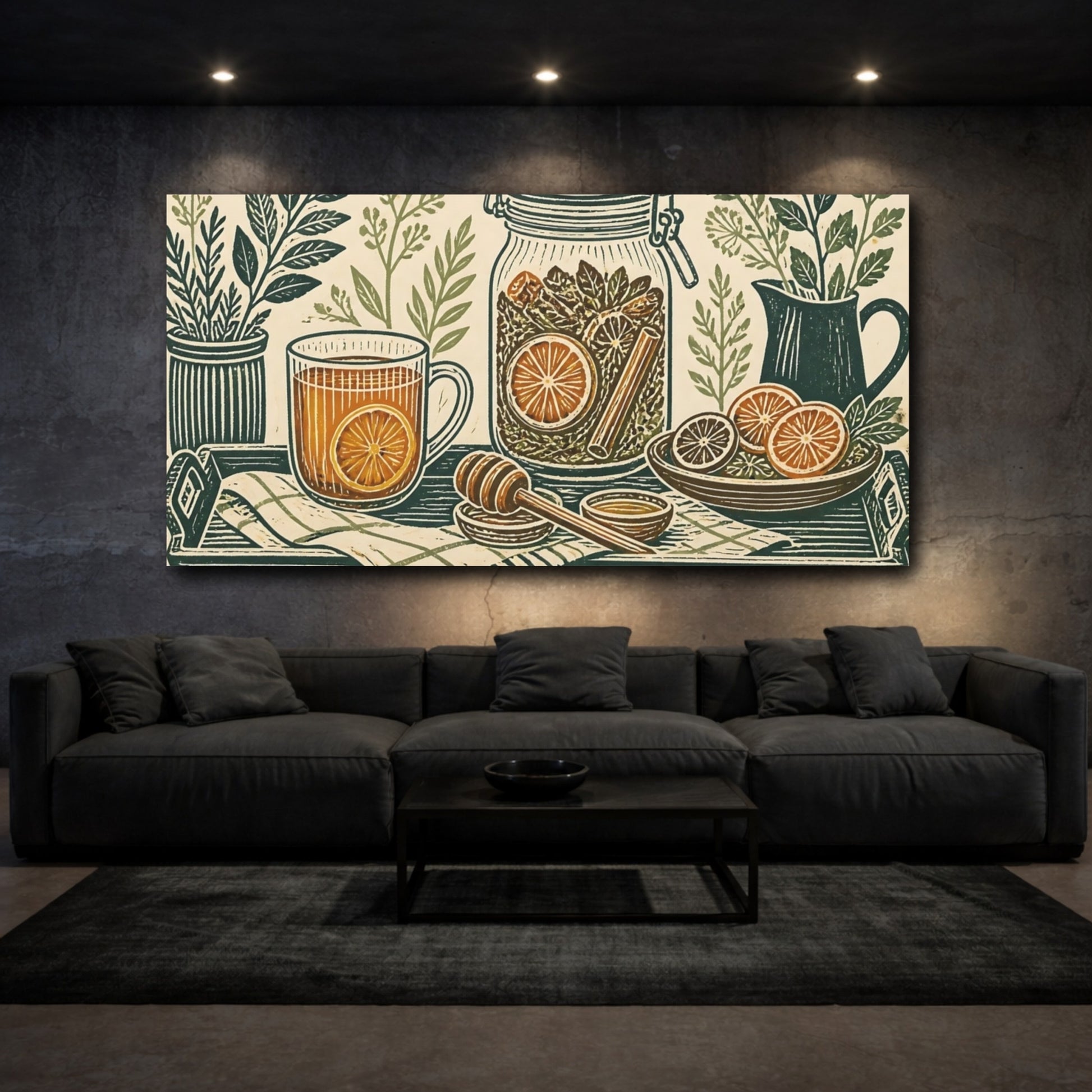 Mockup 3. Orange Herbal Kitchen Still Life shown as canvas print