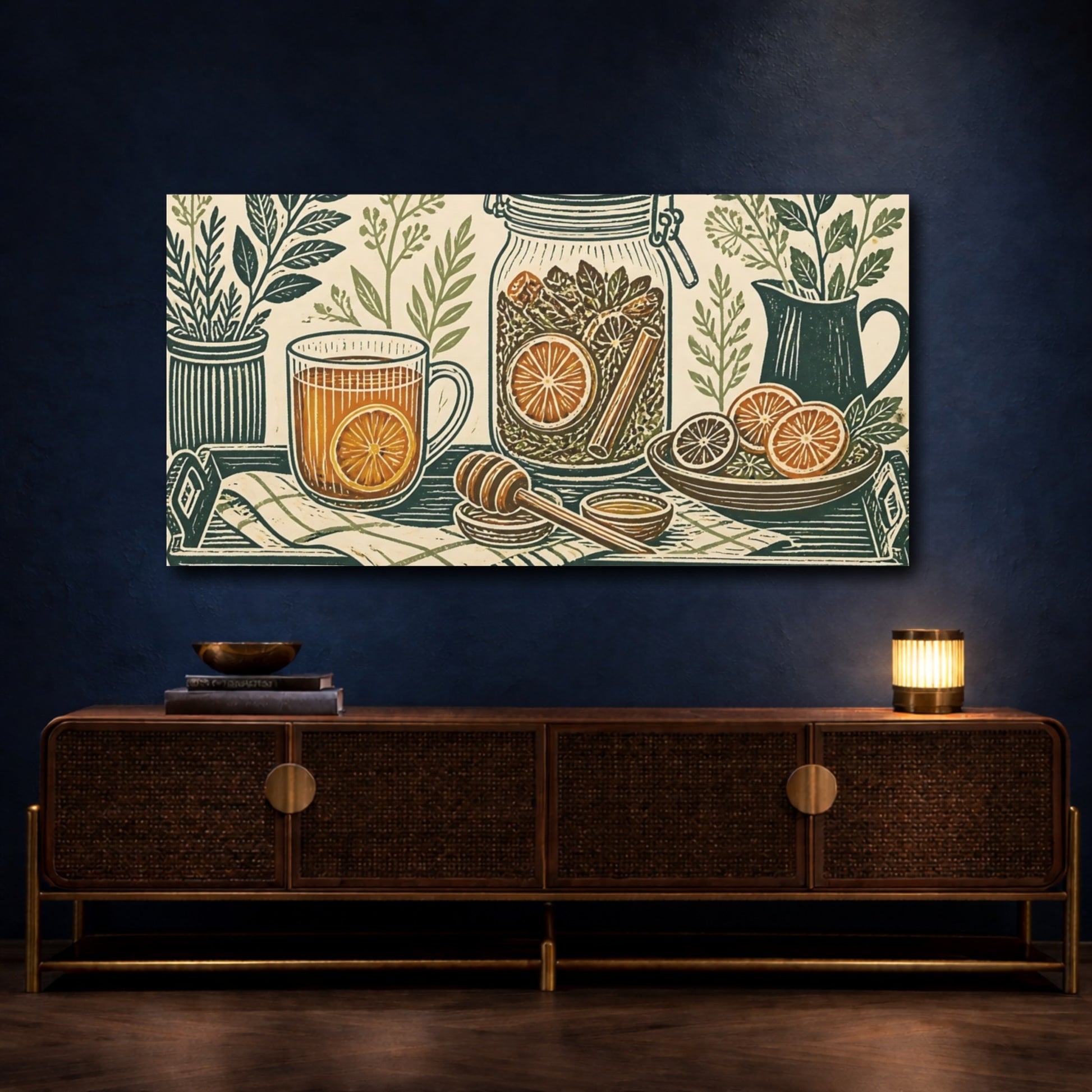 Mockup 4. Orange Herbal Kitchen Still Life shown as canvas print