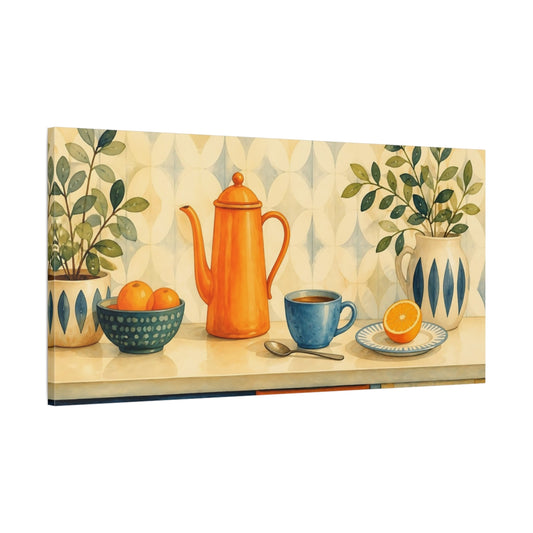 Main Mockup. Orange Teapot Breakfast shown as canvas print