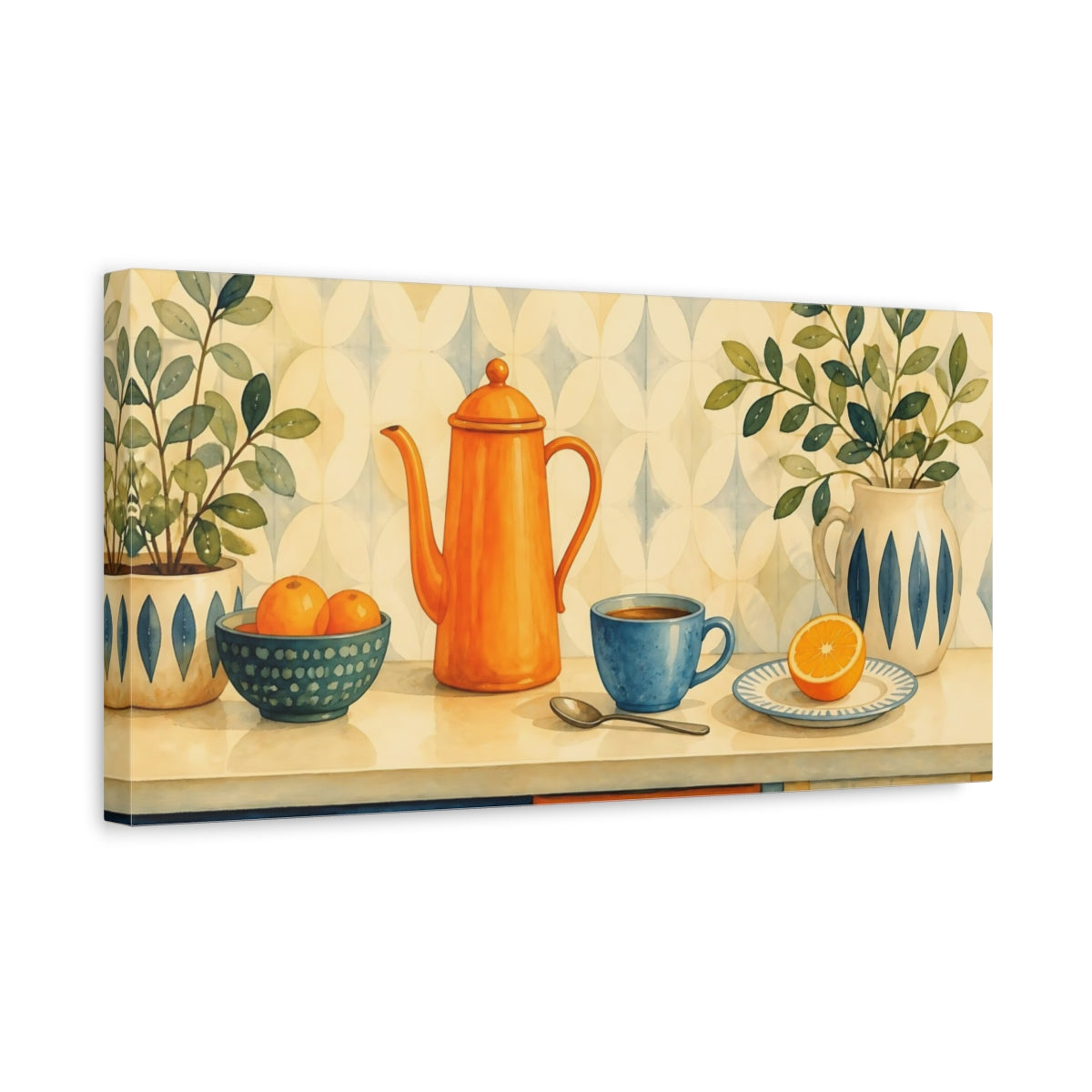 Side Mockup 3. Orange Teapot Breakfast shown as canvas print
