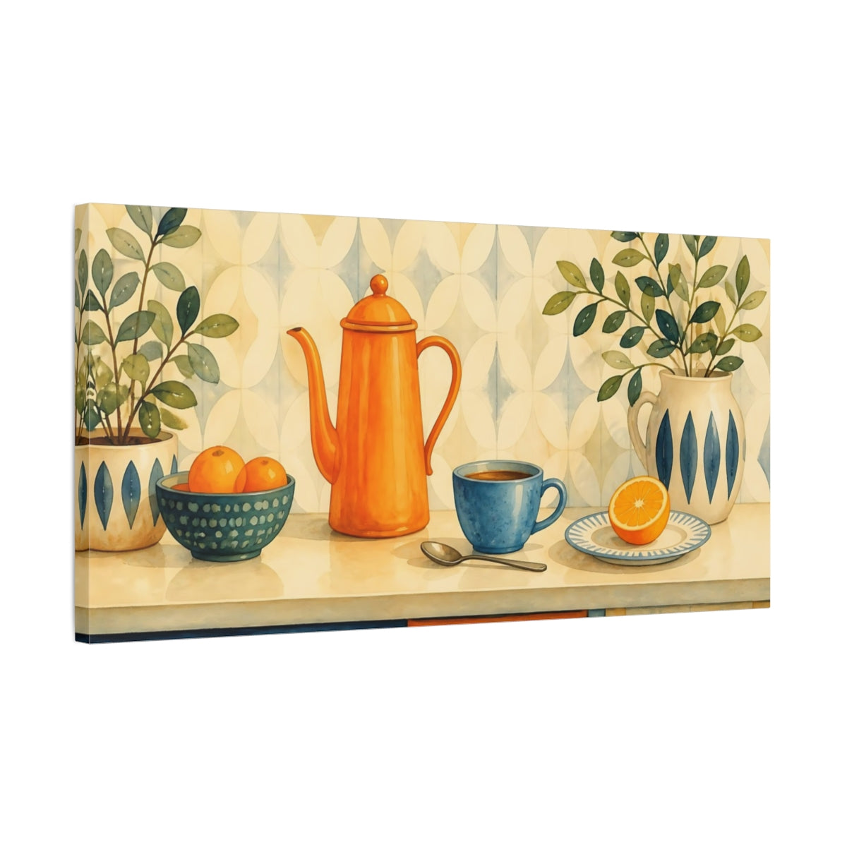 Side Mockup 1. Orange Teapot Breakfast shown as canvas print