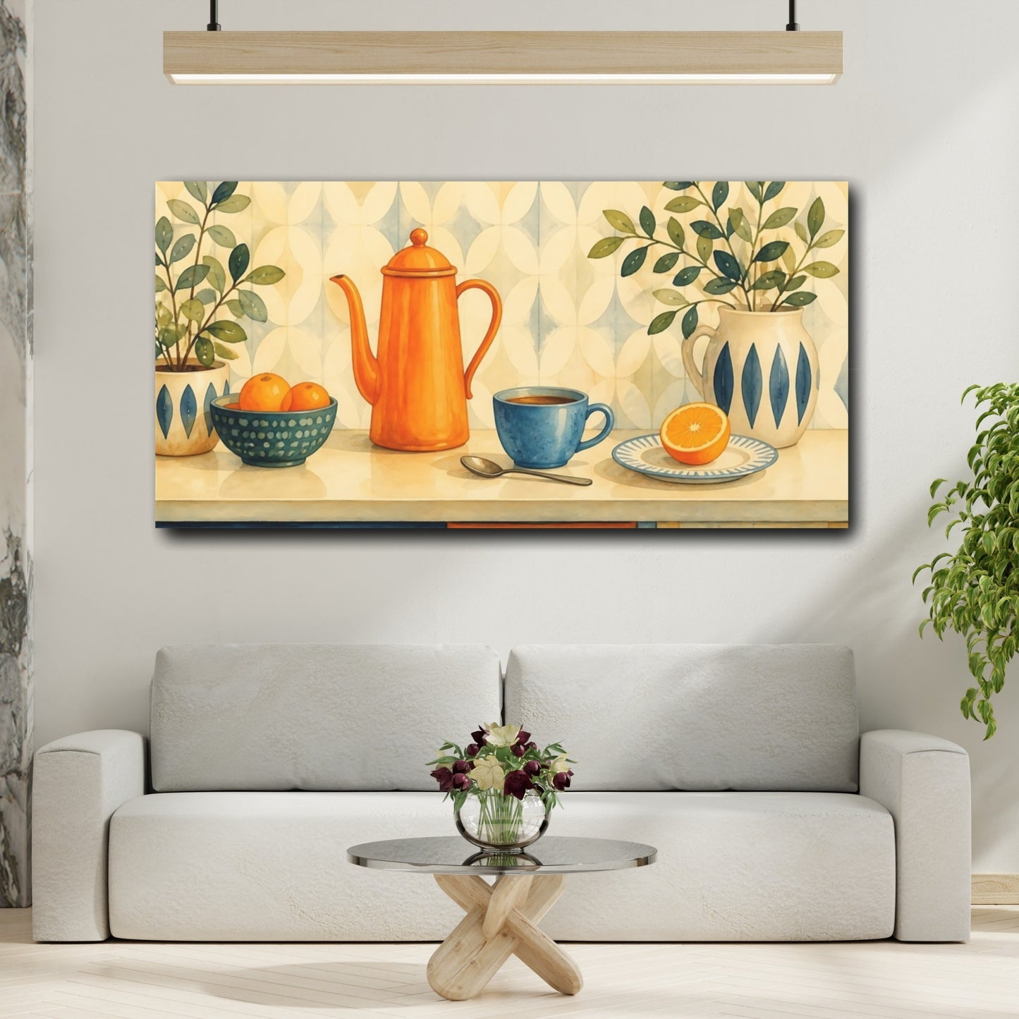 Mockup 2. Orange Teapot Breakfast shown as canvas print