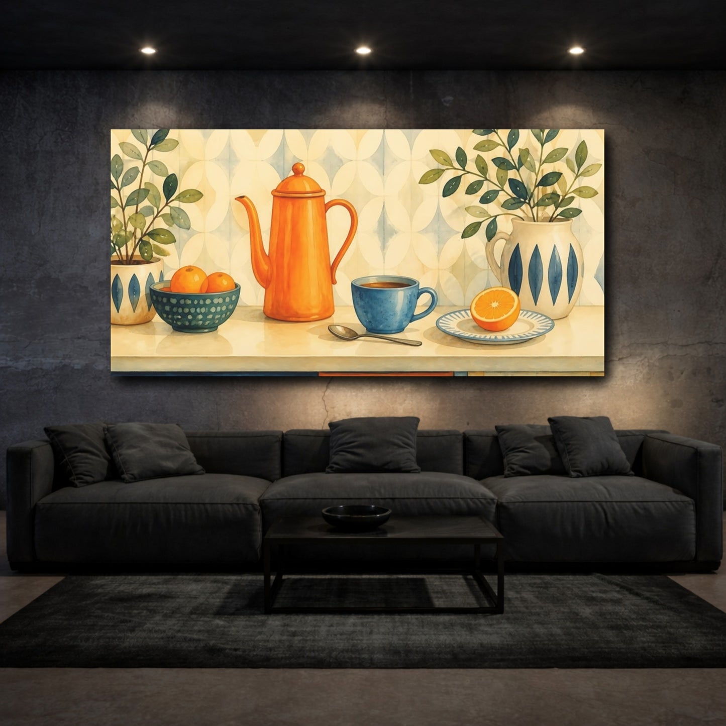 Mockup 3. Orange Teapot Breakfast shown as canvas print
