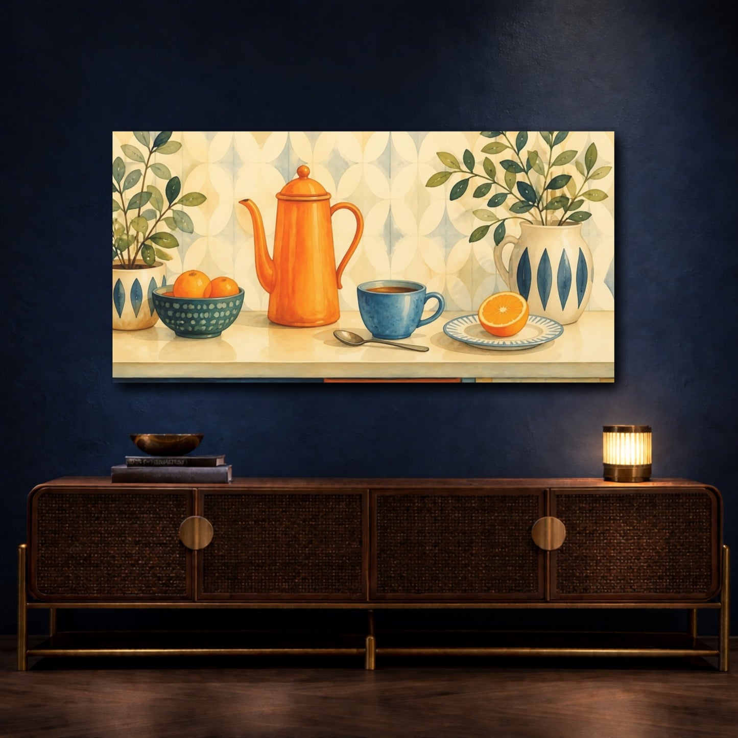 Mockup 4. Orange Teapot Breakfast shown as canvas print