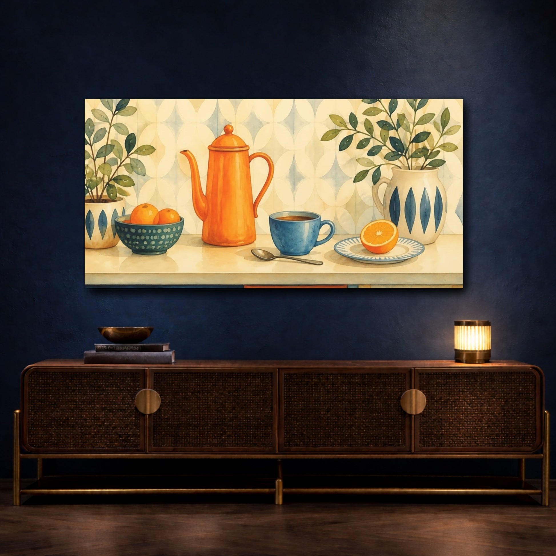 Mockup 4. Orange Teapot Breakfast shown as canvas print