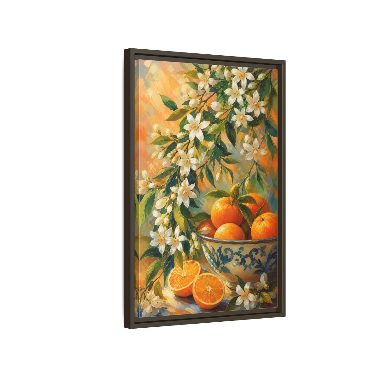 Side Mockup 2. Oranges And Blossoms shown as framed canvas print