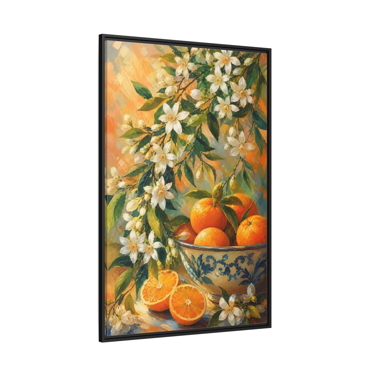 Side Mockup 12. Oranges And Blossoms shown as framed canvas print