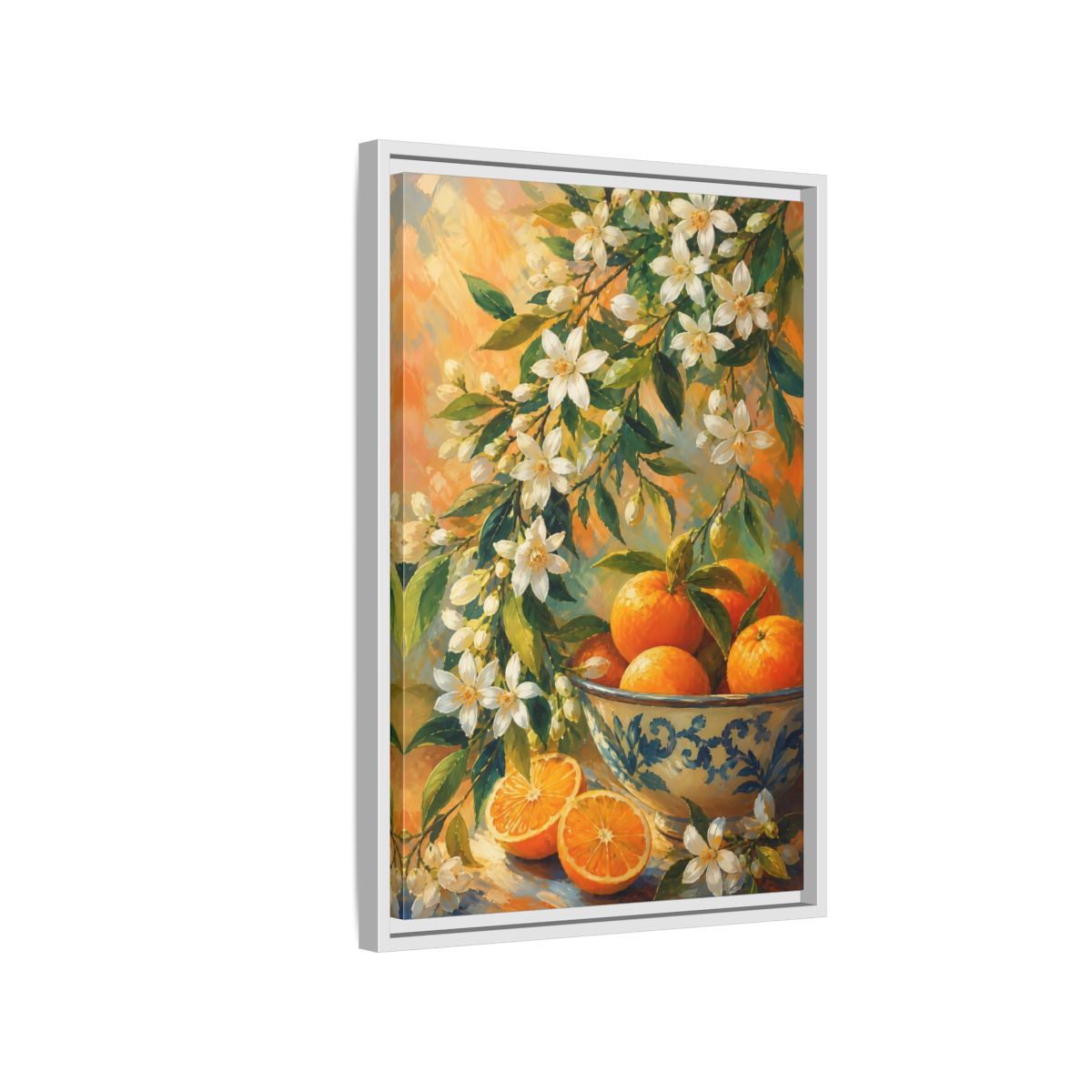 Side Mockup 1. Oranges And Blossoms shown as framed canvas print