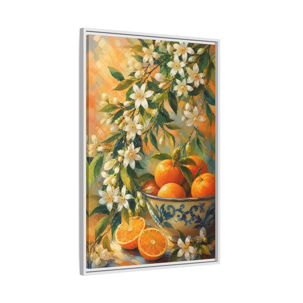 Side Mockup 9. Oranges And Blossoms shown as framed canvas print