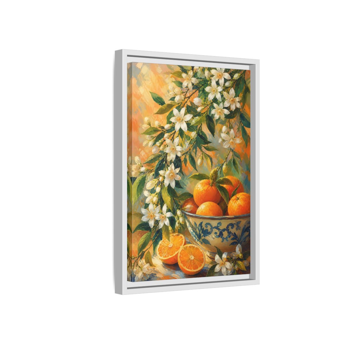 Side Mockup 4. Oranges And Blossoms shown as framed canvas print