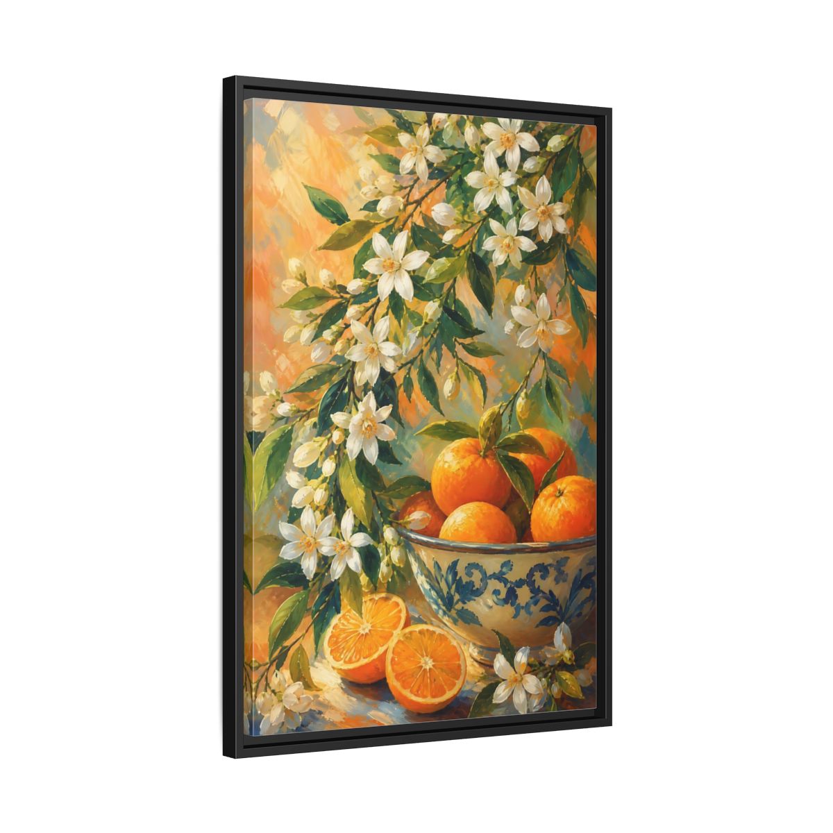 Side Mockup 14. Oranges And Blossoms shown as framed canvas print
