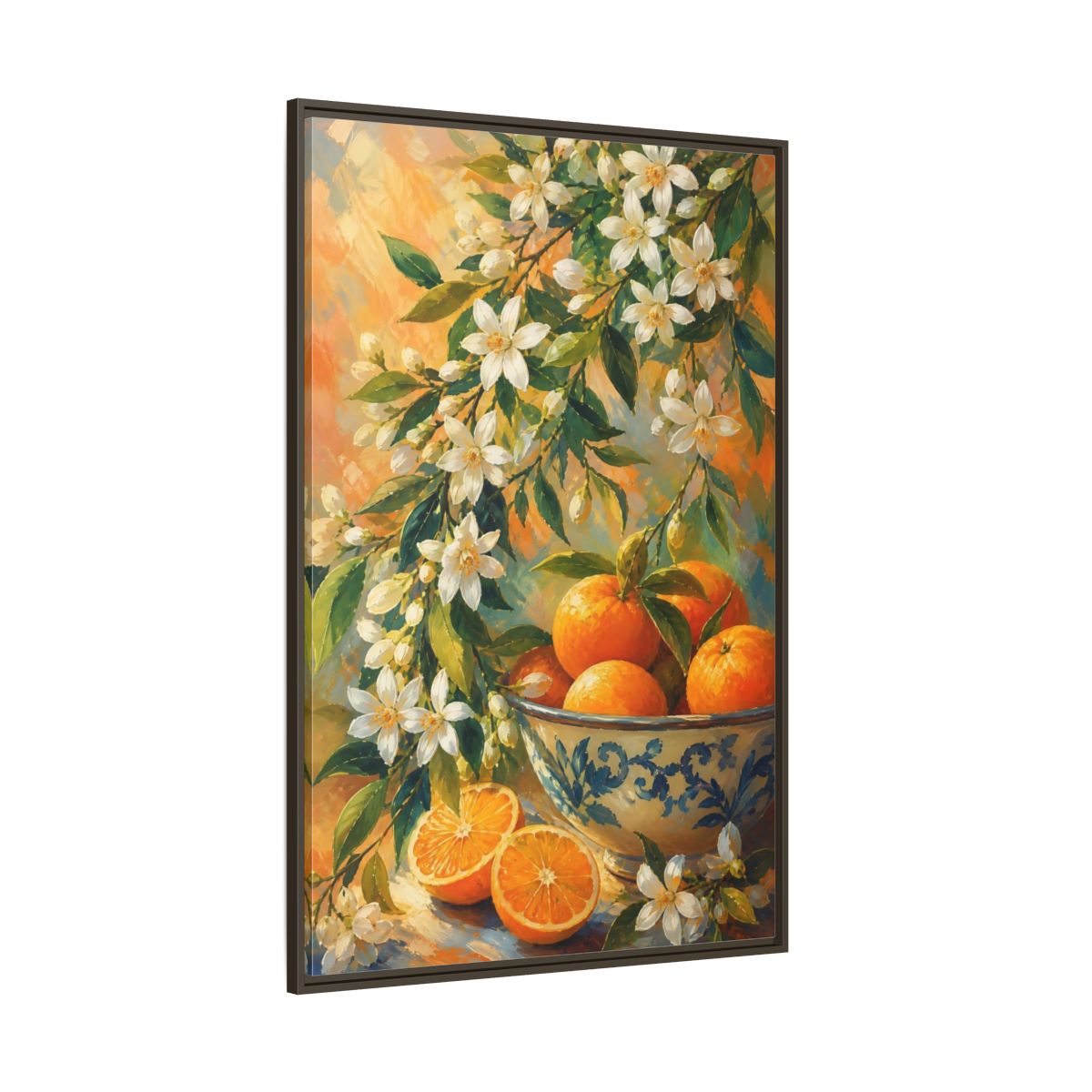 Side Mockup 8. Oranges And Blossoms shown as framed canvas print