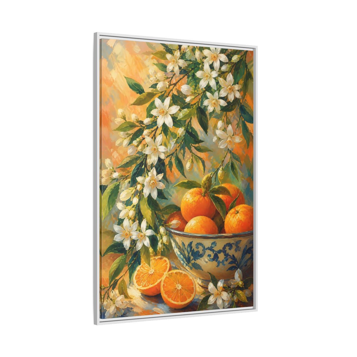 Side Mockup 7. Oranges And Blossoms shown as framed canvas print