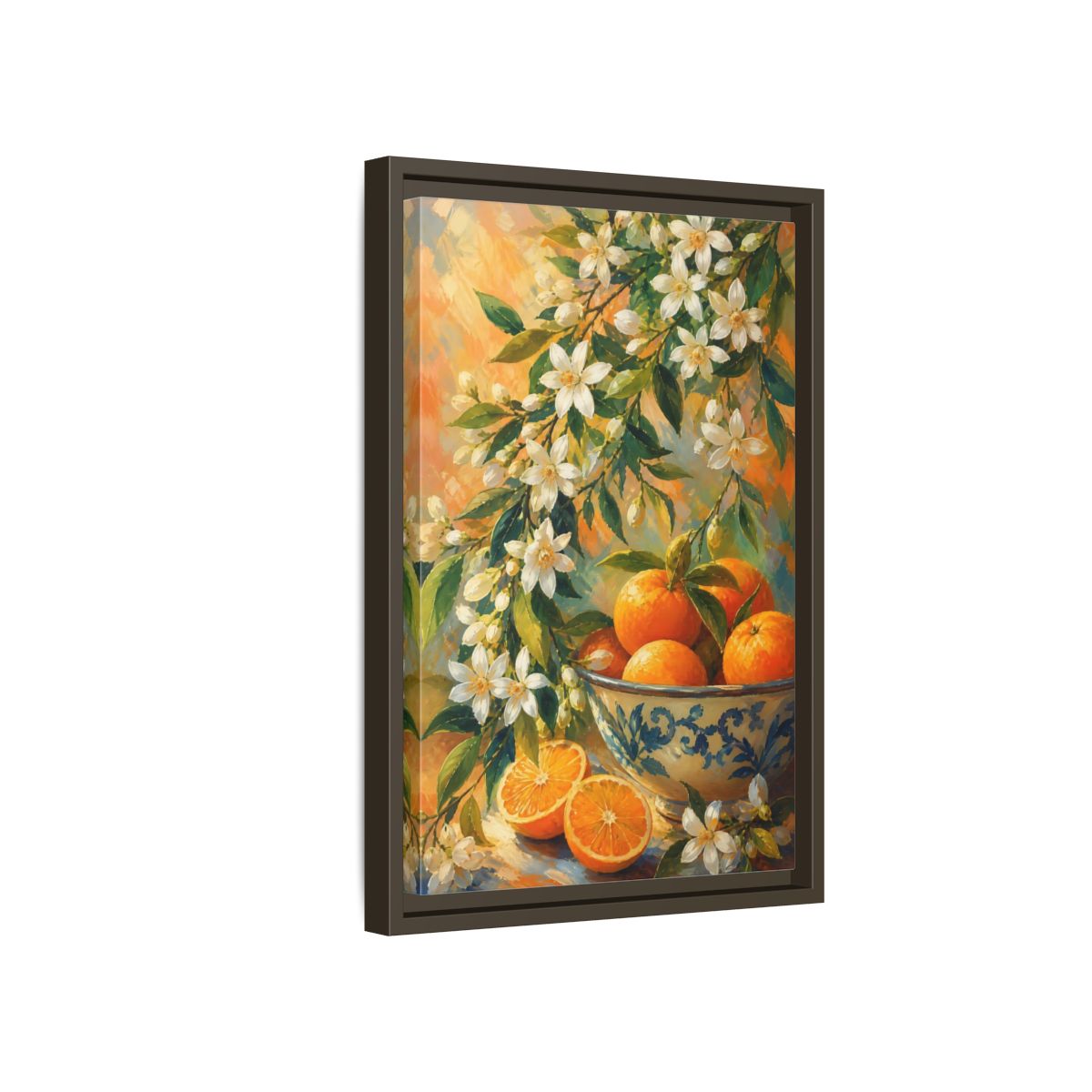Side Mockup 5. Oranges And Blossoms shown as framed canvas print