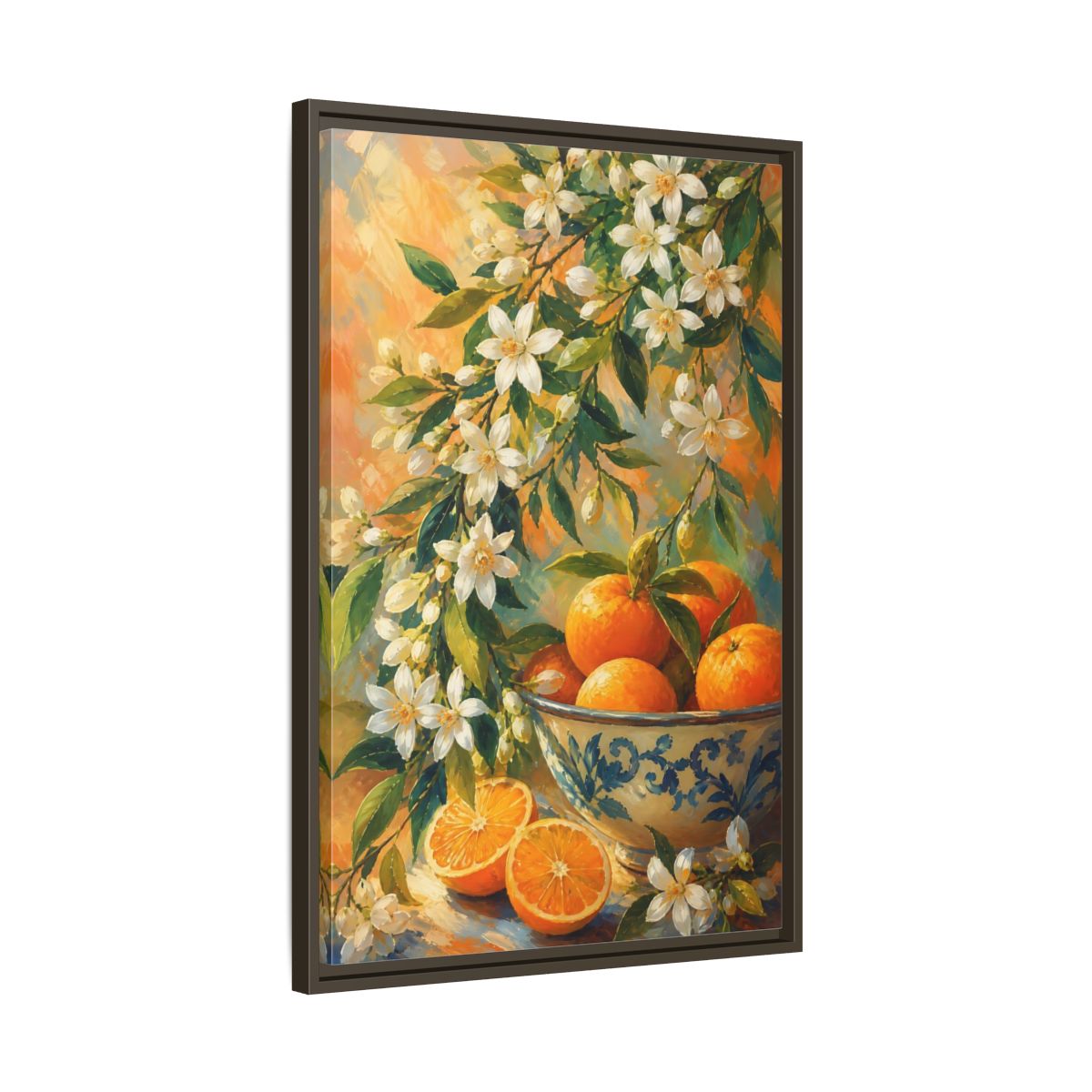 Side Mockup 11. Oranges And Blossoms shown as framed canvas print