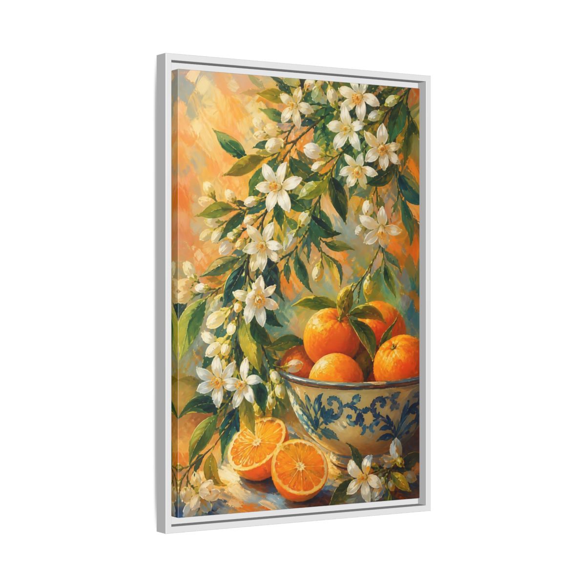 Side Mockup 10. Oranges And Blossoms shown as framed canvas print