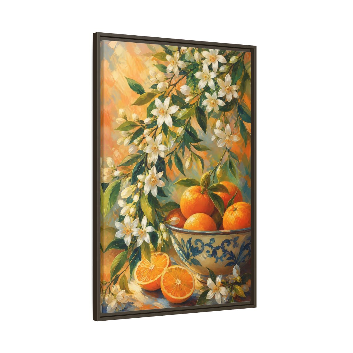 Main Mockup. Oranges And Blossoms shown as framed canvas print