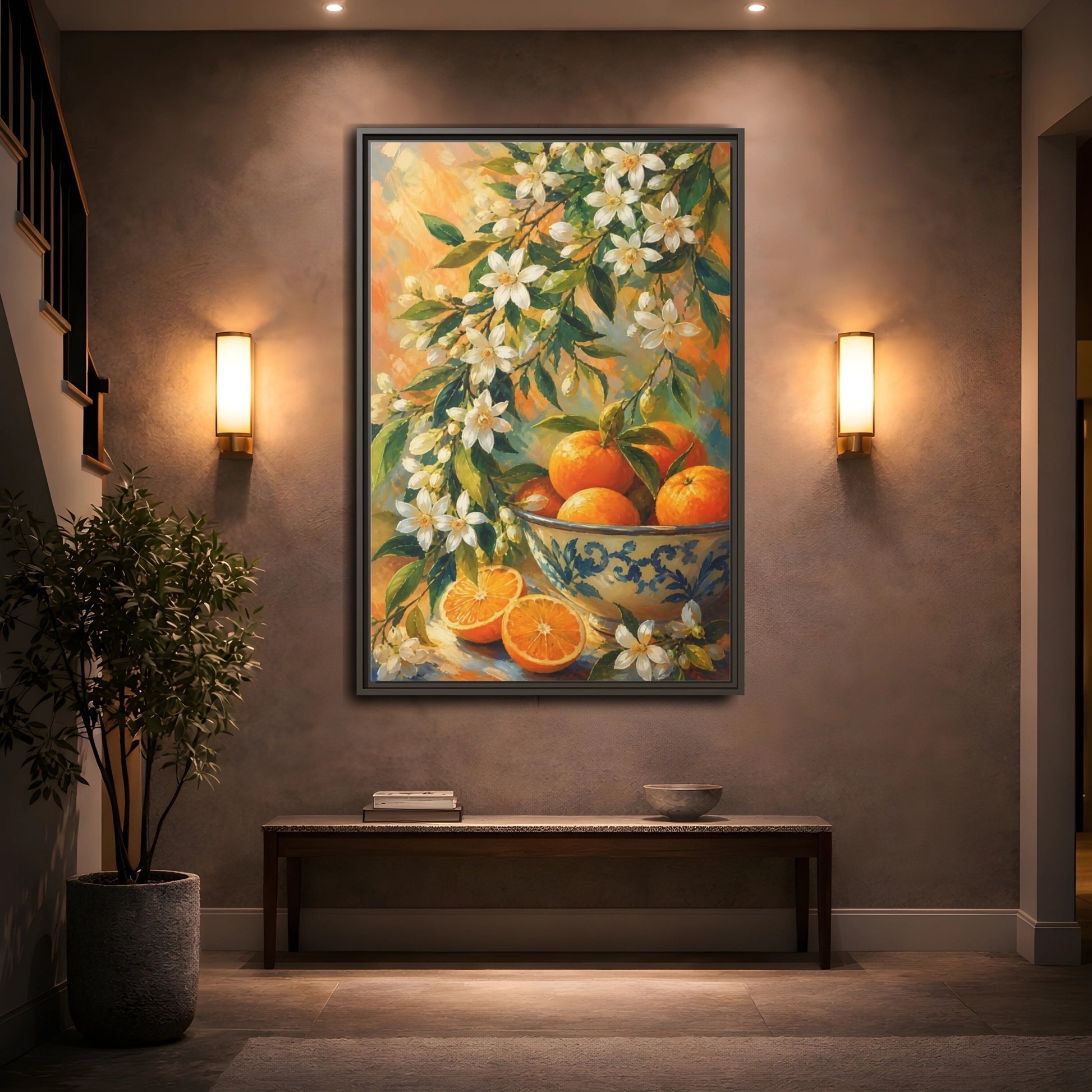 Mockup 2. Oranges And Blossoms shown as framed canvas print