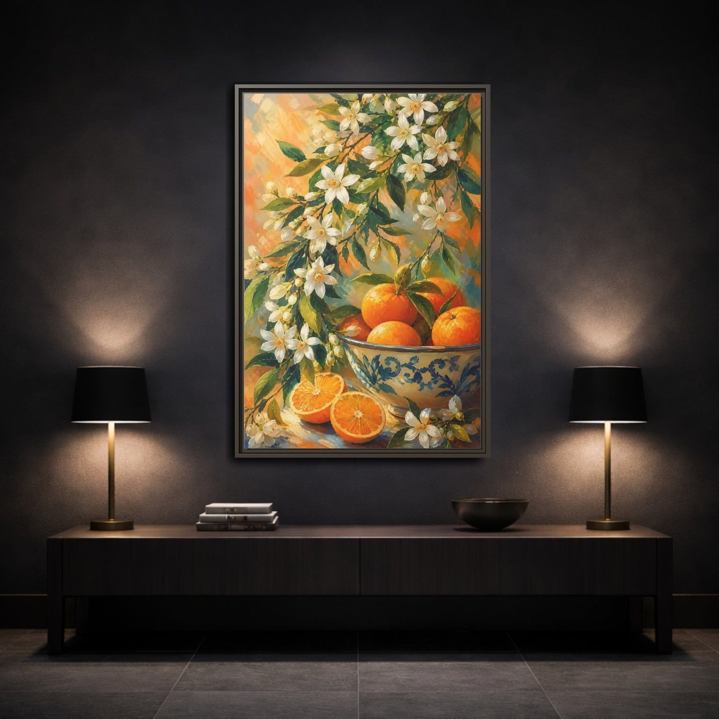 Mockup 3. Oranges And Blossoms shown as framed canvas print