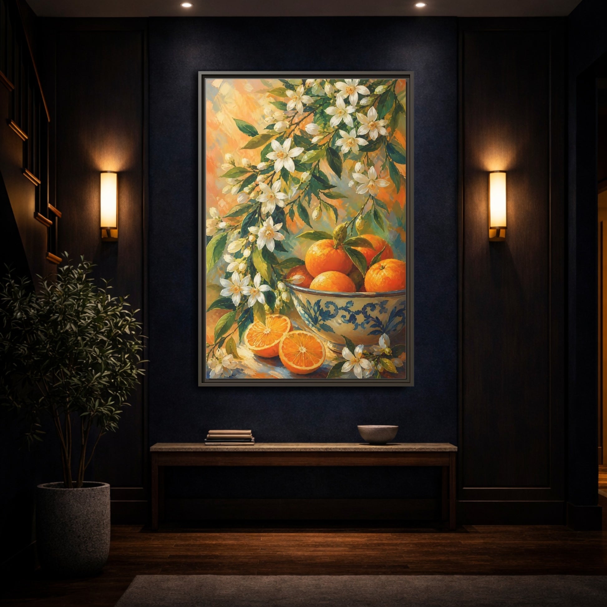 Mockup 4. Oranges And Blossoms shown as framed canvas print
