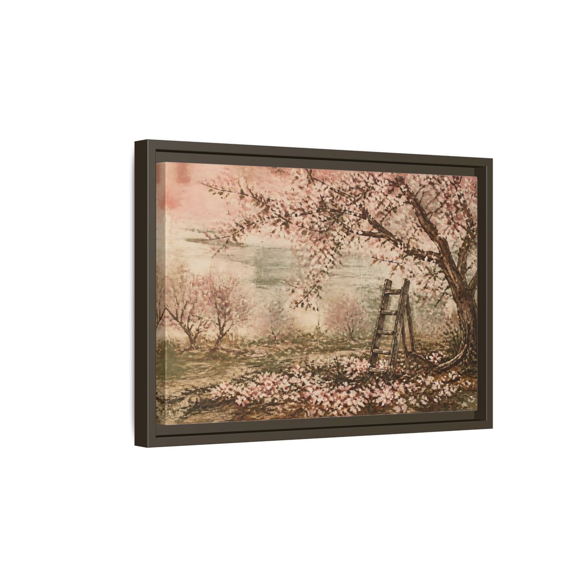 Side Mockup 5. Orchard Ladder In Blossom shown as framed canvas print