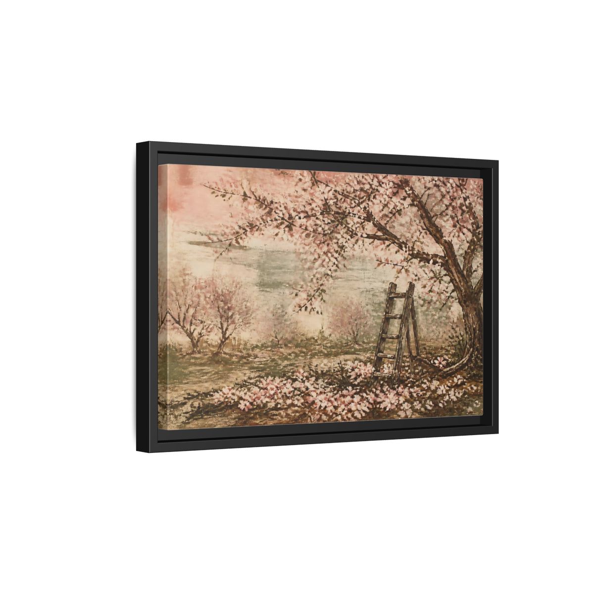 Side Mockup 6. Orchard Ladder In Blossom shown as framed canvas print