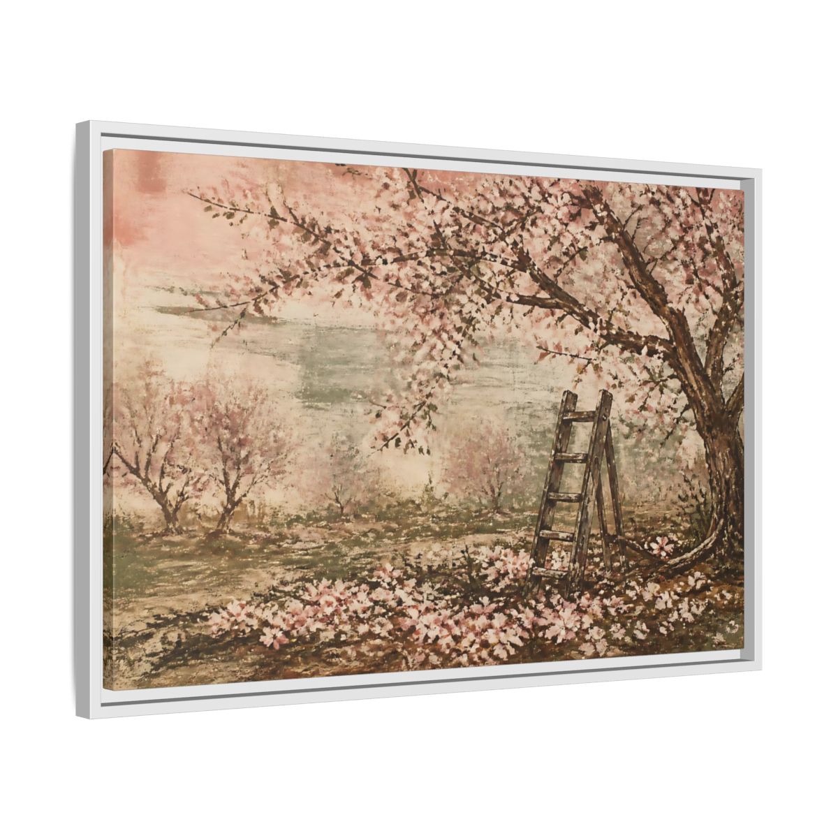 Side Mockup 10. Orchard Ladder In Blossom shown as framed canvas print