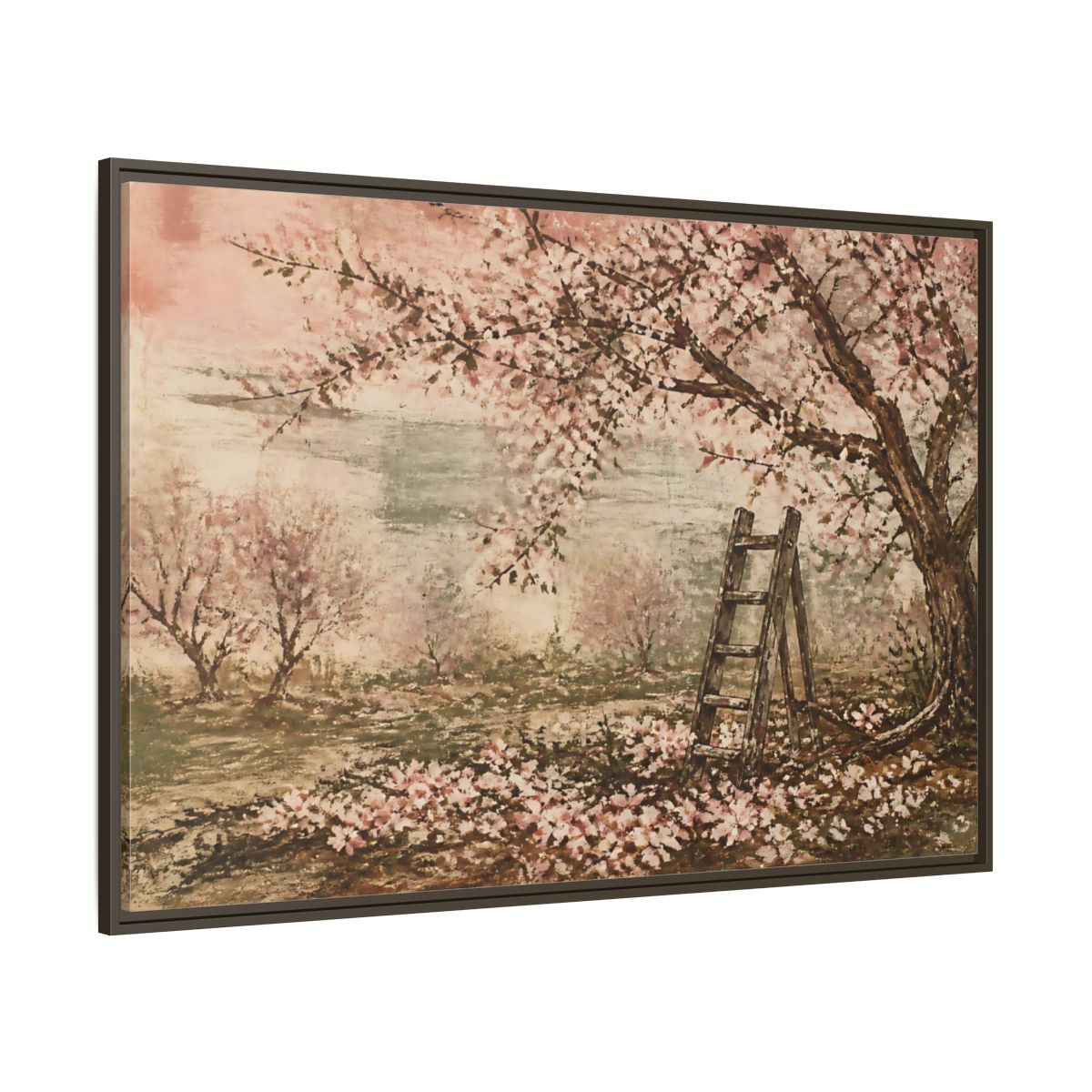Side Mockup 8. Orchard Ladder In Blossom shown as framed canvas print