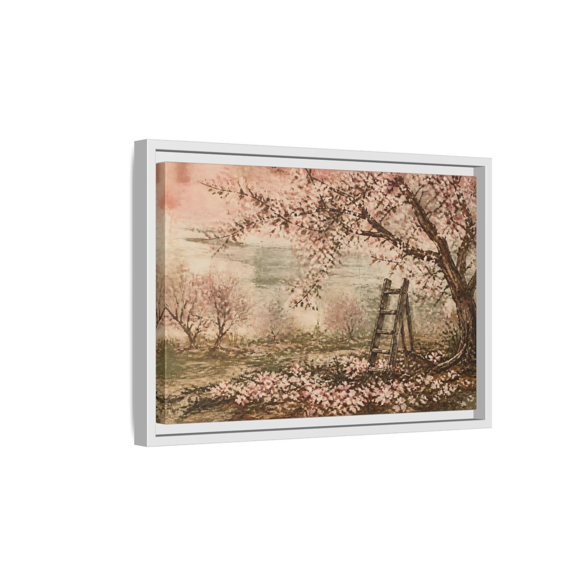 Side Mockup 4. Orchard Ladder In Blossom shown as framed canvas print