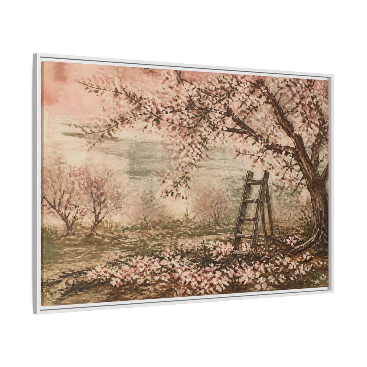 Side Mockup 7. Orchard Ladder In Blossom shown as framed canvas print