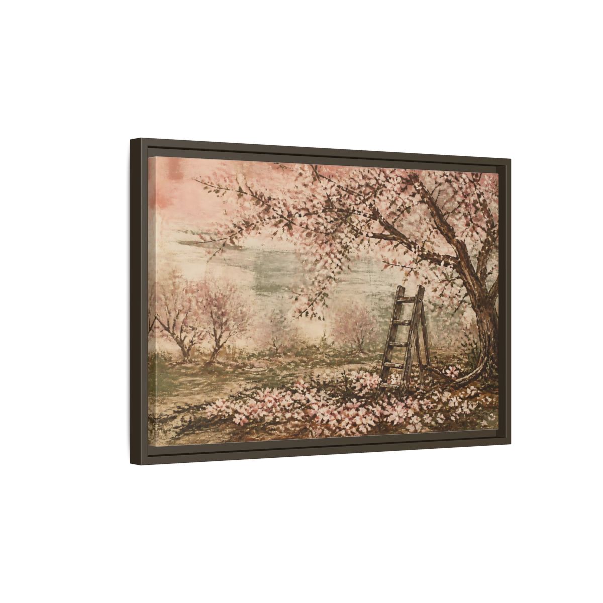 Side Mockup 2. Orchard Ladder In Blossom shown as framed canvas print