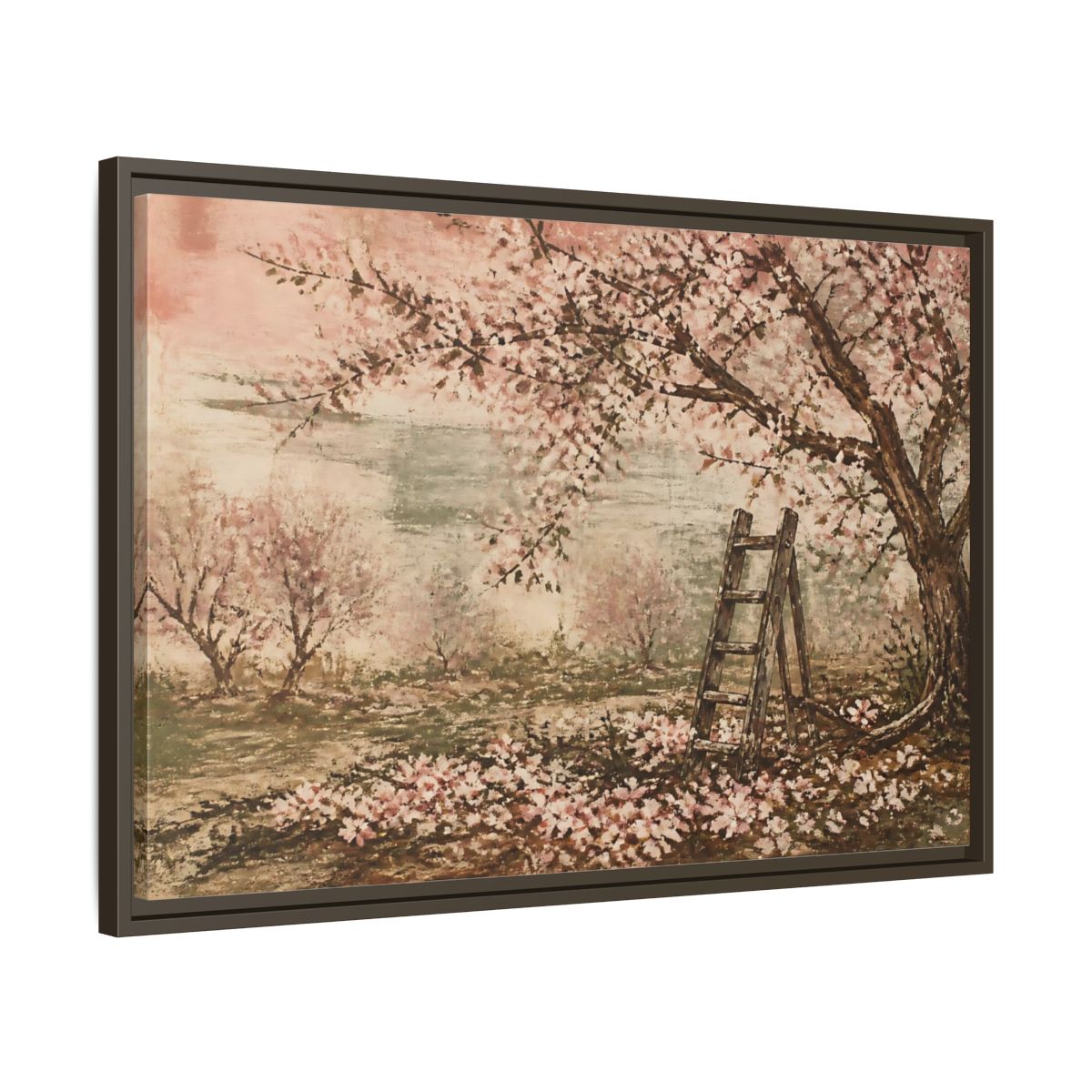 Side Mockup 11. Orchard Ladder In Blossom shown as framed canvas print
