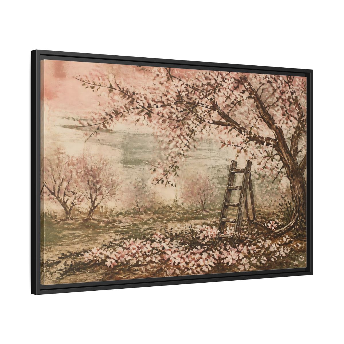 Side Mockup 13. Orchard Ladder In Blossom shown as framed canvas print