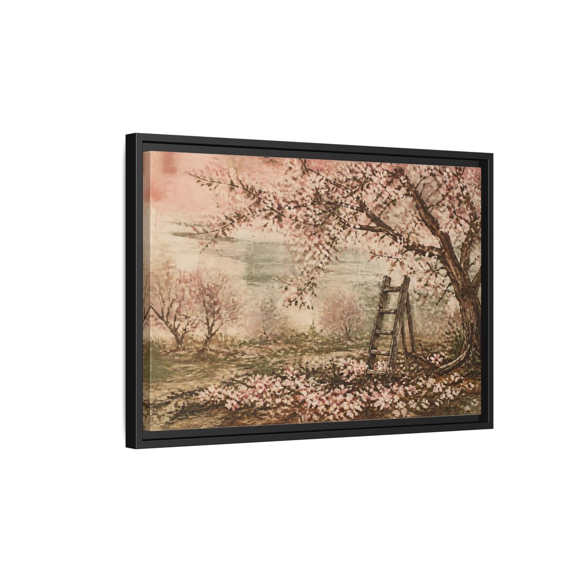 Side Mockup 3. Orchard Ladder In Blossom shown as framed canvas print