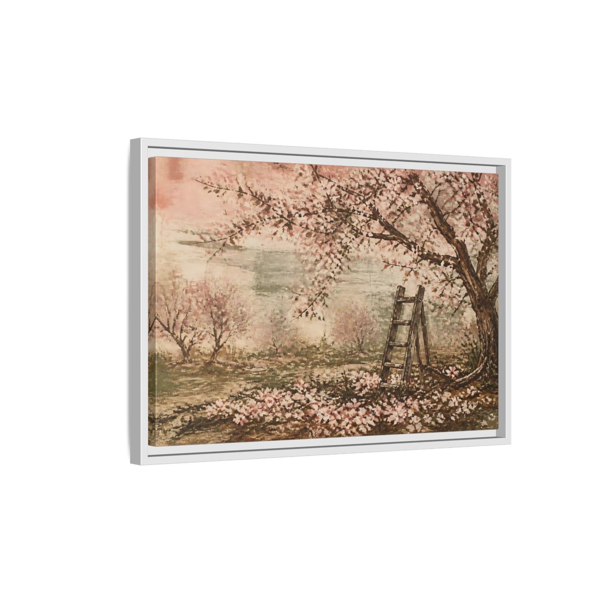 Side Mockup 1. Orchard Ladder In Blossom shown as framed canvas print