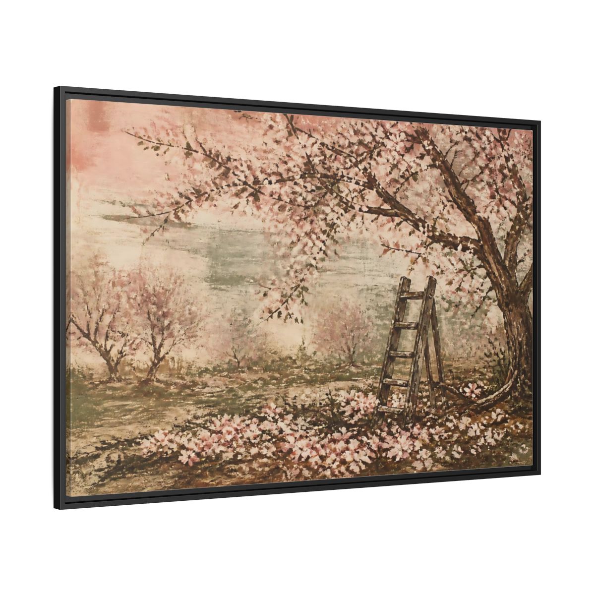 Side Mockup 12. Orchard Ladder In Blossom shown as framed canvas print