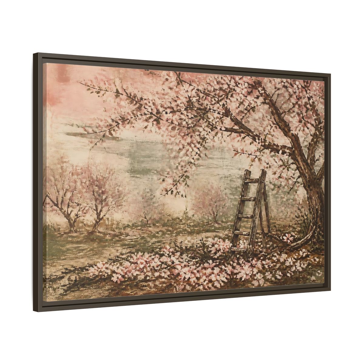 Main Mockup. Orchard Ladder In Blossom shown as framed canvas print