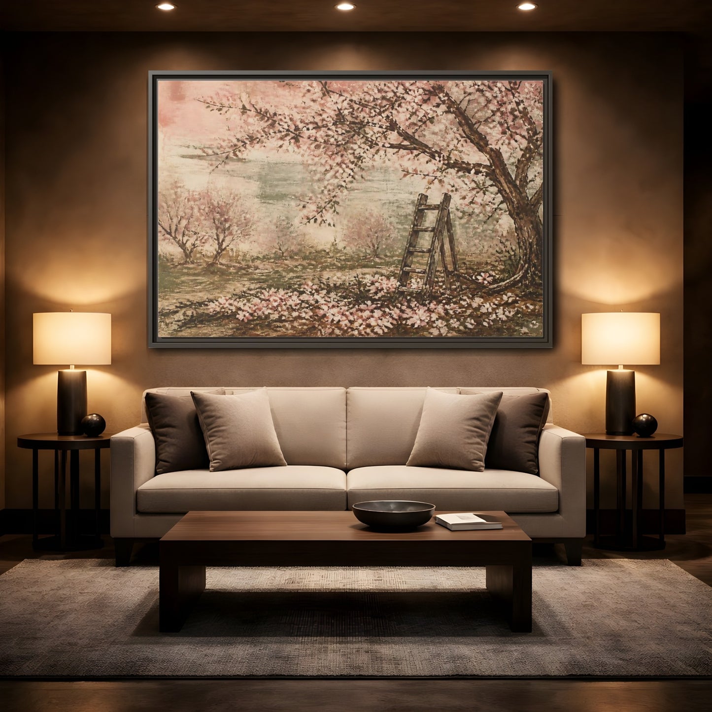 Mockup 2. Orchard Ladder In Blossom shown as framed canvas print