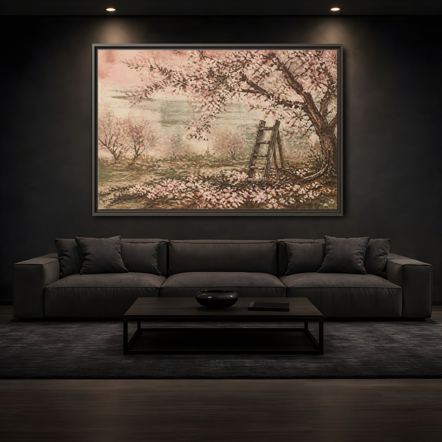 Mockup 3. Orchard Ladder In Blossom shown as framed canvas print