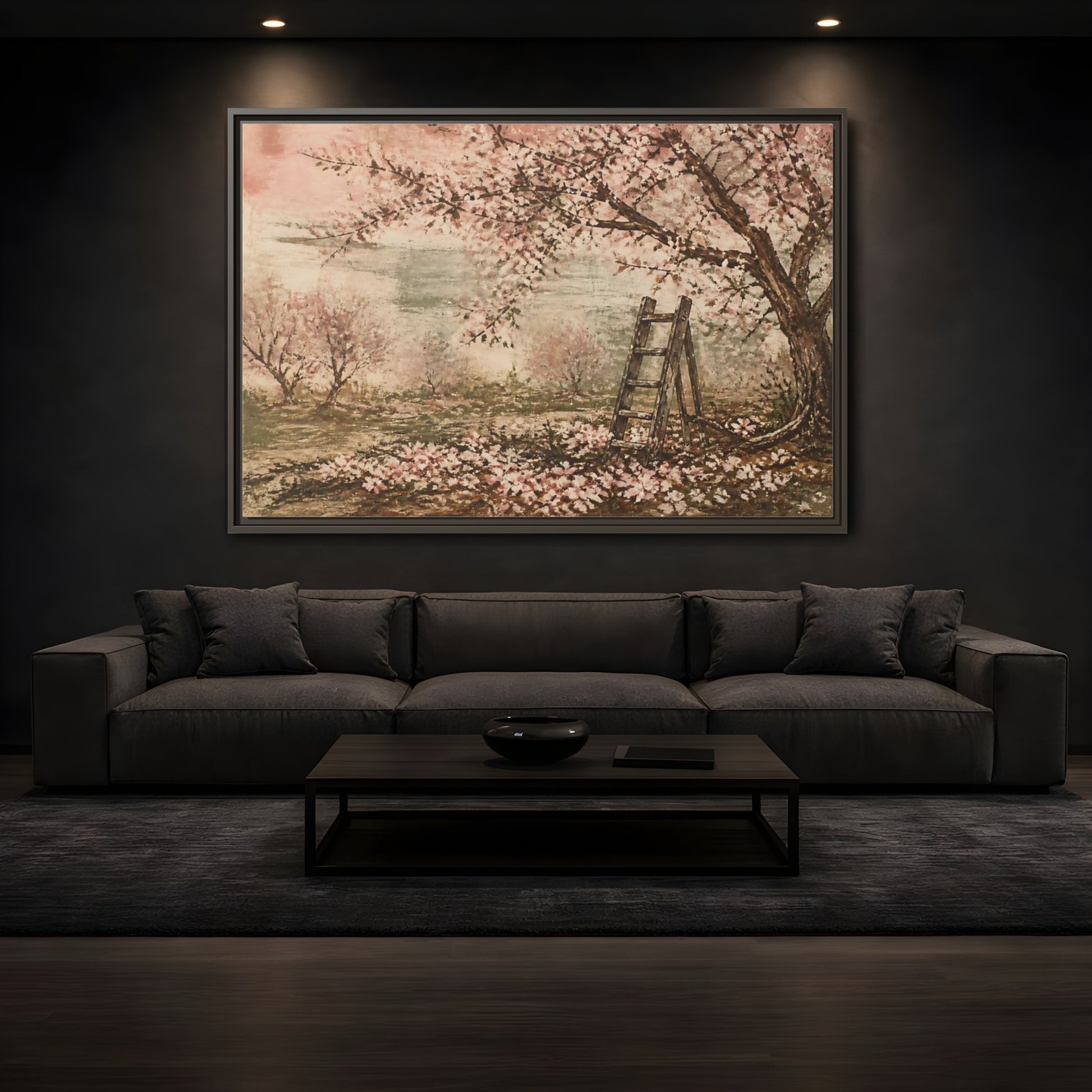 Mockup 3. Orchard Ladder In Blossom shown as framed canvas print