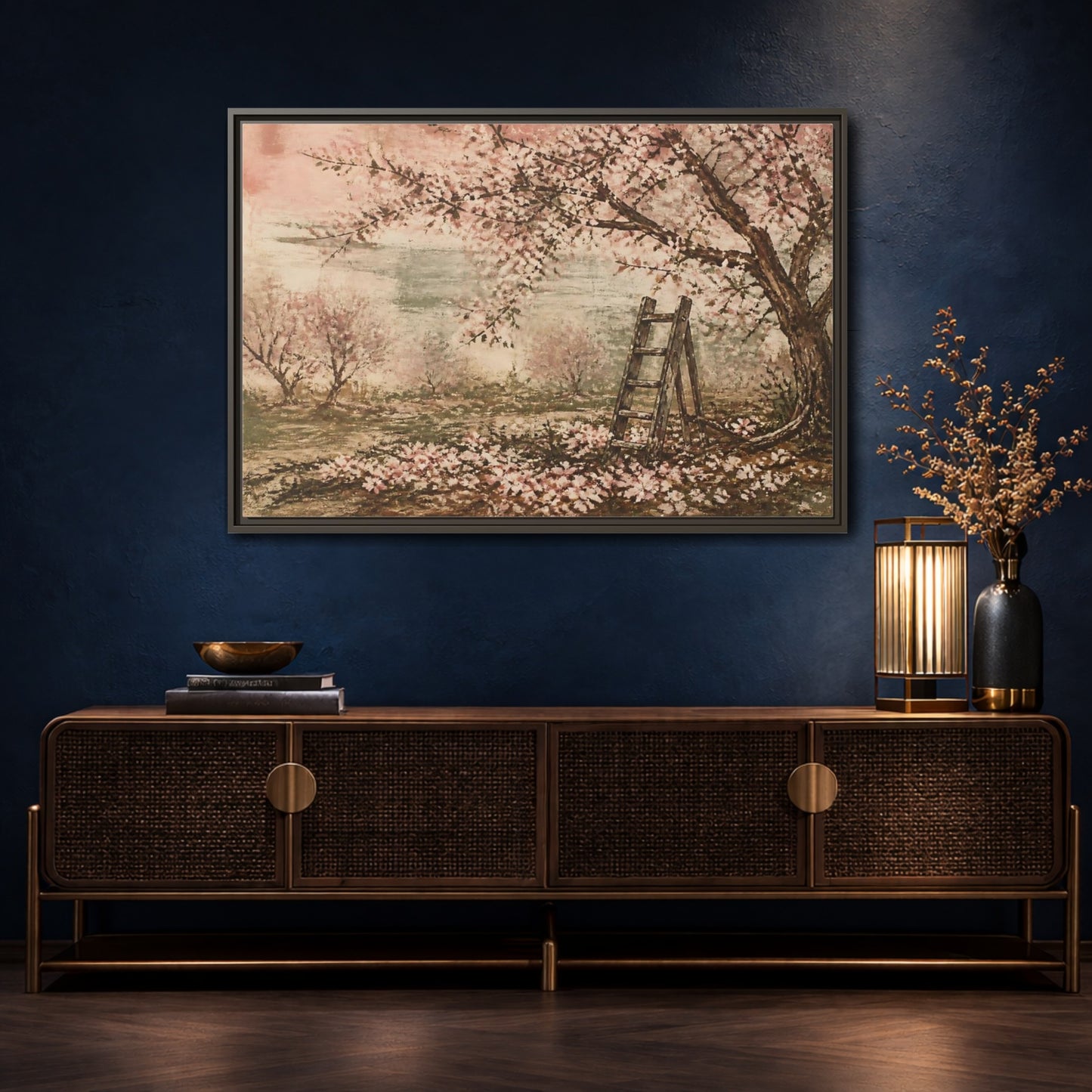Mockup 4. Orchard Ladder In Blossom shown as framed canvas print