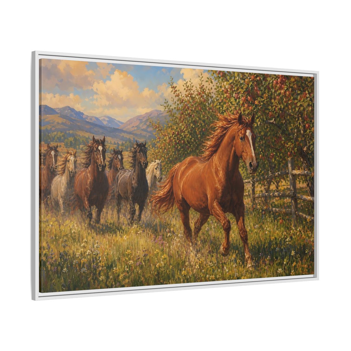 Side Mockup 7. Orchard Run shown as framed canvas print