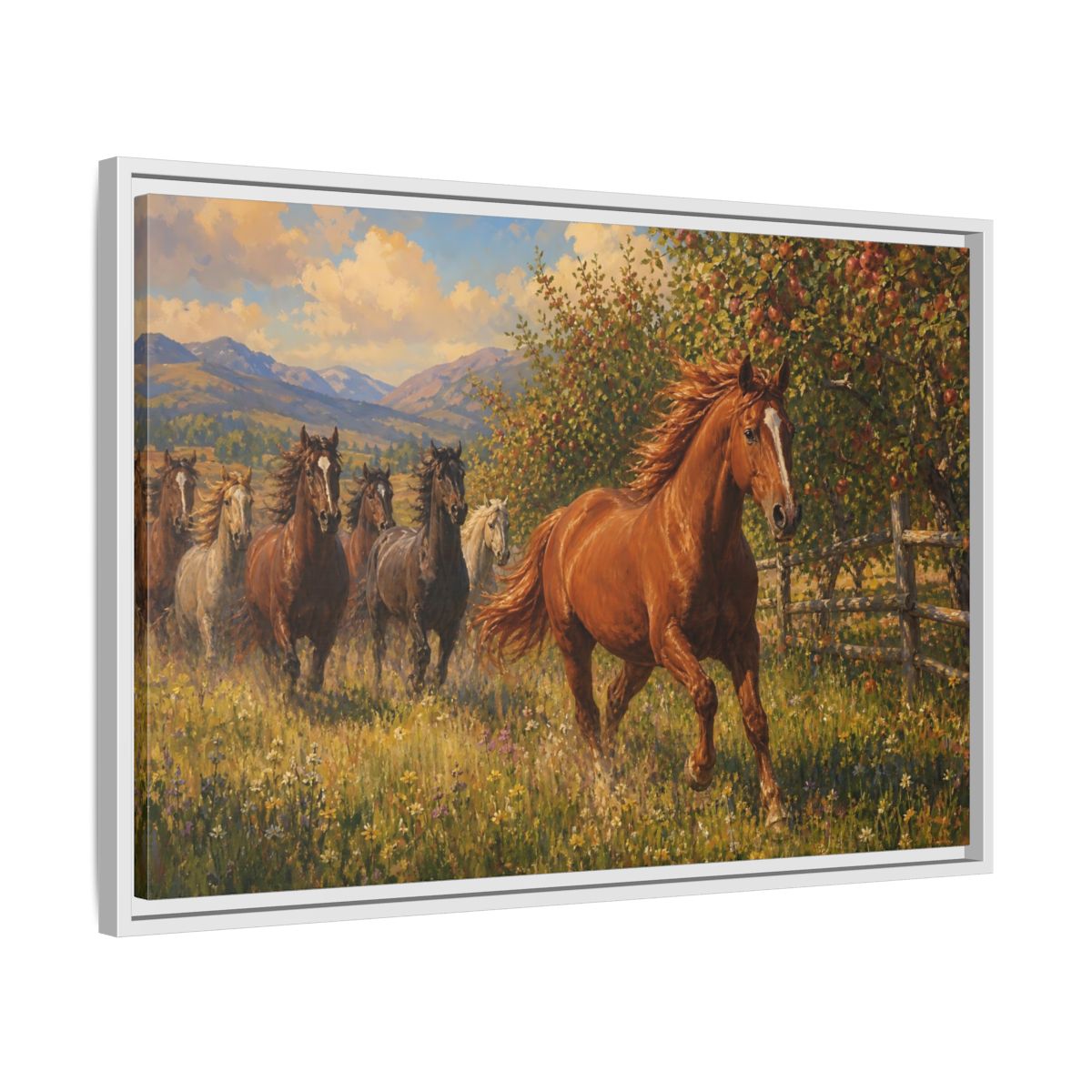 Side Mockup 10. Orchard Run shown as framed canvas print